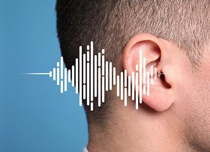 man with sound wave illustration near his ear